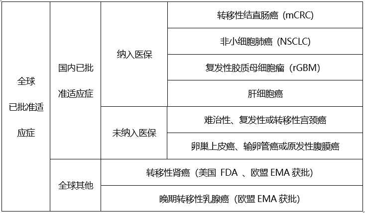 Bevacizumab全球已批准适应症