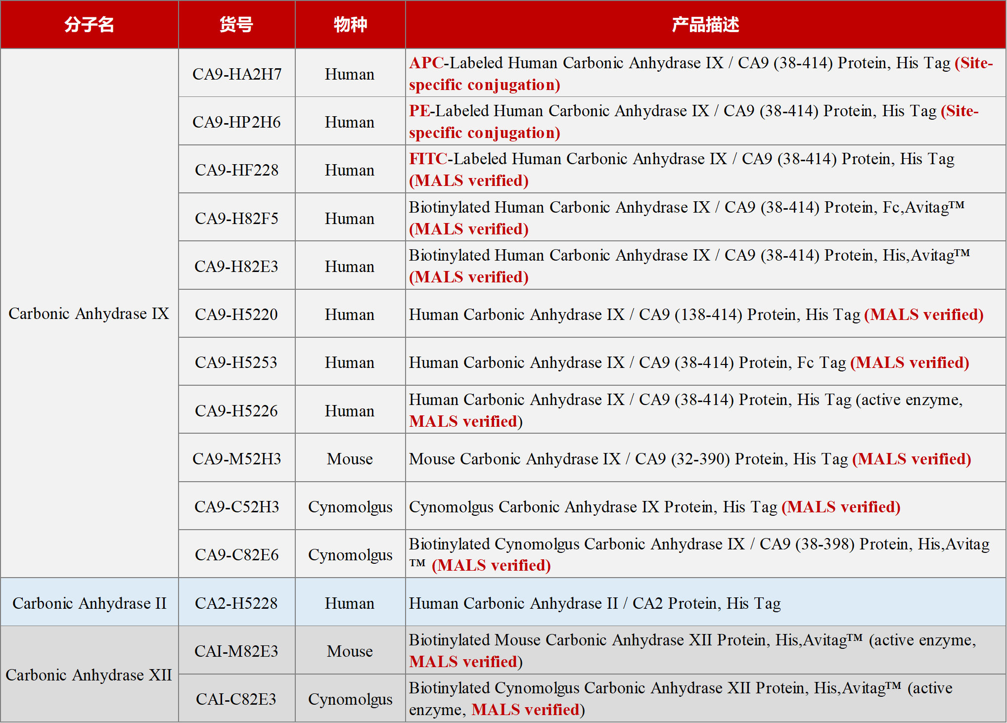 碳酸酐酶IX产品列表