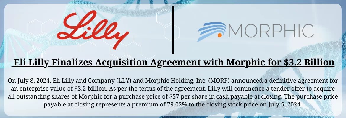 7月8日，礼来发布公告收购澳大利亚生物公司Morphic